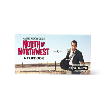 Promotional image for 'North by Northwest' flipbook with a man in a suit and airplane by Alfred Hitchcock Academy Museum Store Los Angeles.